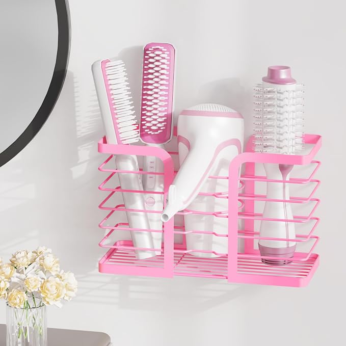 YIGII Pink Hair Dryer Holder, 3 Sections Organizer for Hair Tools, Wall Mounted/Cabinet Door Straightener Holder, Adjustable Height Metal Dryer Curling Iron Organizer