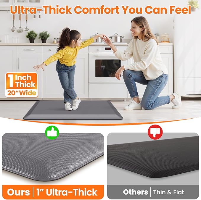 Kitchen Mats for Floor, 1 Inch Extra-Thick Kitchen Rugs, Non-Slip & Waterproof Standing Desk Mat, Comfort Anti Fatigue Mats for Kitchen Floor, Home, Sink, Office (20" X 32", Grey)