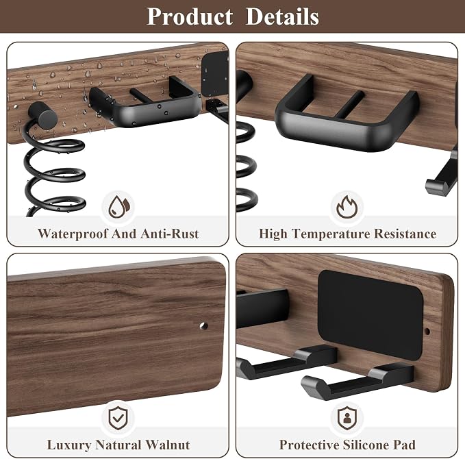 Tindbea Hair Dryer Holder Wall Mount Aluminum Alloy Hot Tools Organizer | Walnut Matte Black