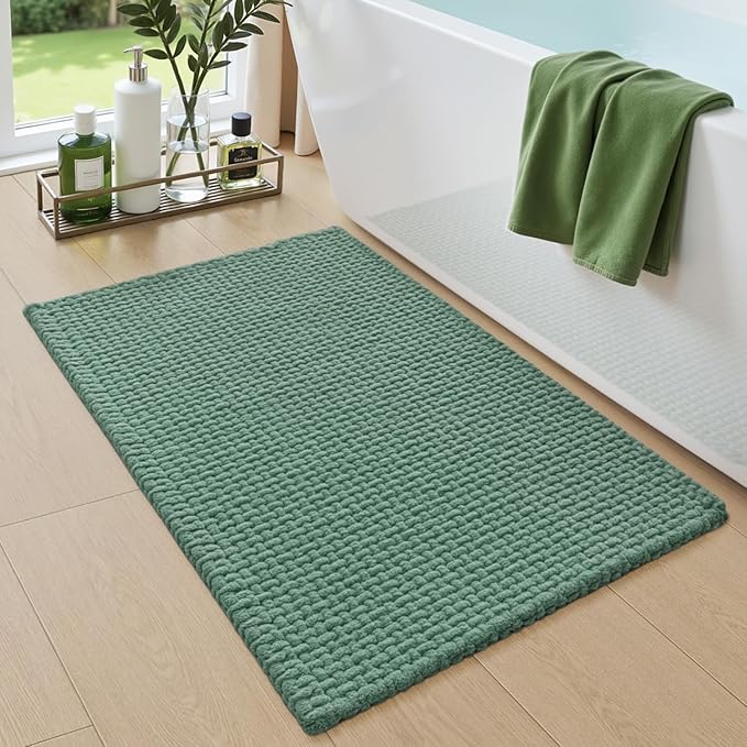 DEXI Bathroom Rugs 24x16, Non Slip Washable Bath Mat, Absorbent Chenille Bathmat, Ultra Soft Thick Carpet for Tub Shower Floor, Green