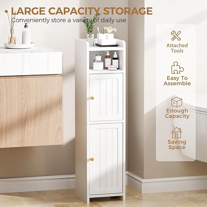 BEWISHOME Small Bathroom Cabinet, Bathroom Storage Cabinet with Adjustable Shelves & 2 Doors, Narrow Toilet Paper Cabinets, 7.9" D x 7.9" W x 31.5" H, for Small Spaces, White YYG03W