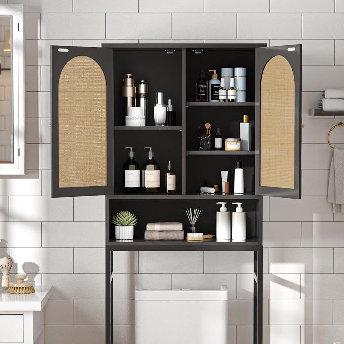 FiveWillowise Rattan Toilet Storage Cabinet, Over The Rack Wood Cabinet with Metal Stand, Bathroom Organizer with Adjustable Shelf, Tall Freestanding Washer Shelf, Small Cupboard, Black