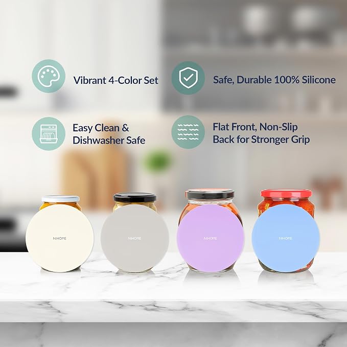 NIHOME Silicone Jar Opener – 6 Inch Large Anti-Slip Grip Pads, Premium 100% Food-Grade Silicone, Stylish Designer Colors, Multi-Purpose Heat-Resistant Mat & Coaster, Set of 4 (Morandi Colors)