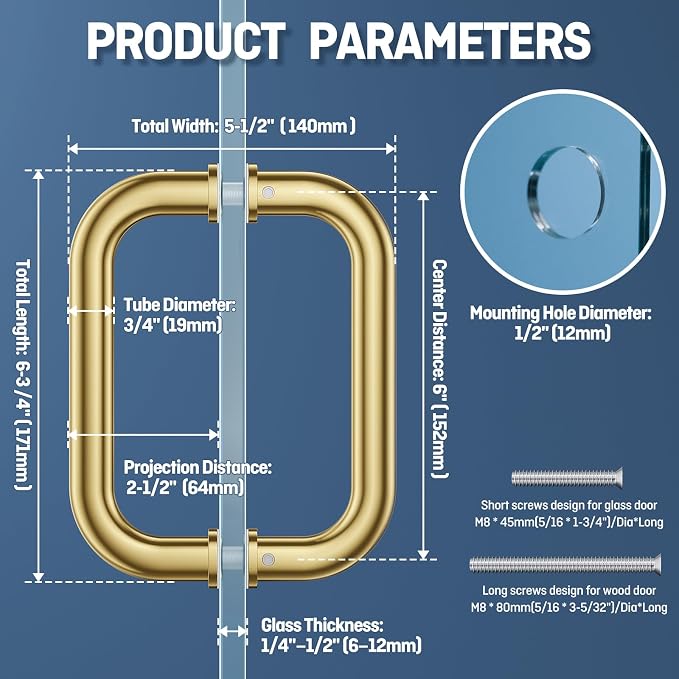 Ranbo Polished Gold 6" （CTC） Tubular Back-to-Back Shower Door Handle，3/4" Diameter Pull Handles with Metal Washers, for 1/4"- 1/2" Thick Glass and 1-3/8" - 2-1/6" Thick Wooden or Metal Doors