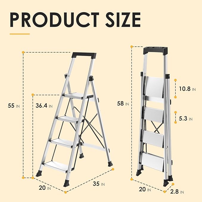HBtower 4 Step Ladder, Lightweight Aluminum Ladders for Home with Tool Tray, Anti-Slip Folding Step Stool for Adults, Strudy Portable 330LBS Capacity