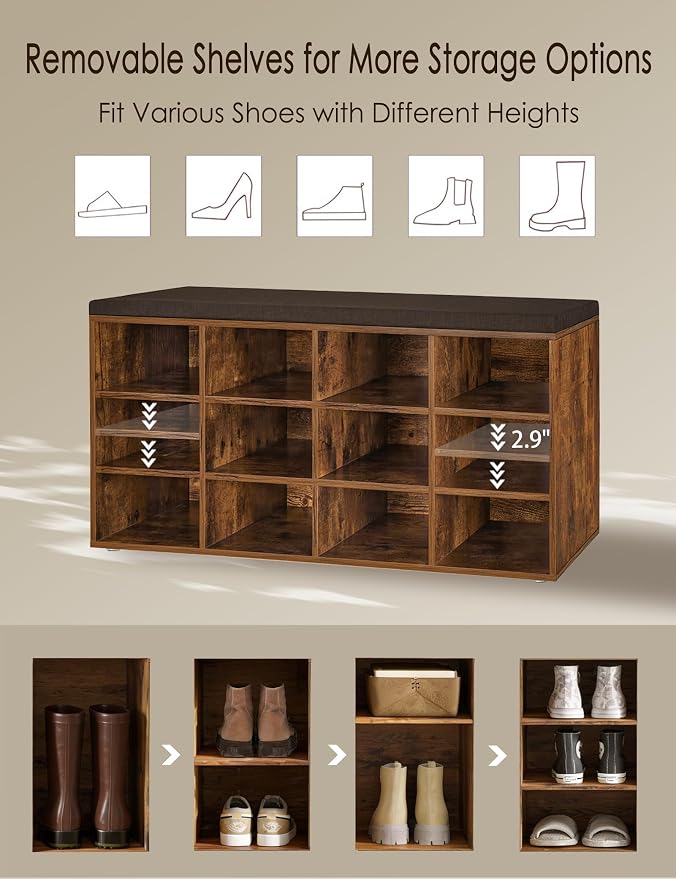 DINZI LVJ Shoe Storage Bench with Cushion, Cubby Shoe Rack with 12 Cubbies, Adjustable Shelves, Multifunctional Shoe Organizer Bench for Entryway, Mudroom, Hallway, Closet and Garage, Rustic Brown