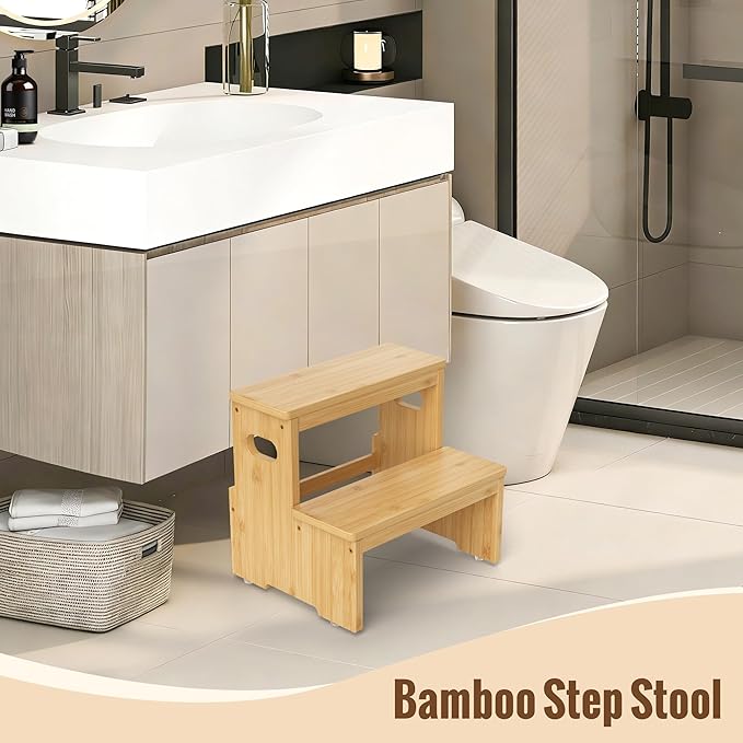 Two Step Stool for Adults and Kids, 450lbs Heavy Duty Step Stool, Bamboo Step Stool for High Beds, Portable Helper Step Stairs for Kids, for Kitchen, Bathroom, RV, Bedside Step Stool, Natural
