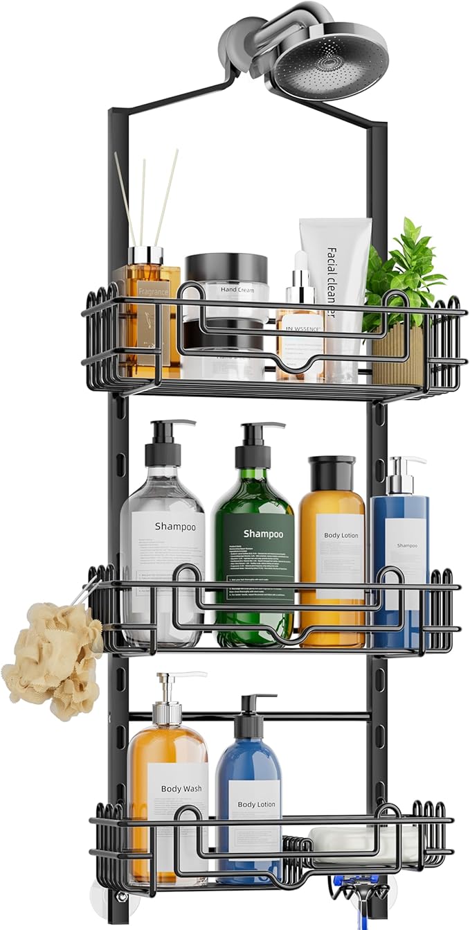 SWTYMIKI Shower Caddy Hanging Organizer - 3-Tier Rustproof Shower Organizer Over Showerhead with Adjustable Baskets, 24 Hooks, Soap & Razor Holder - No Drill Large Bathroom Storage Rack, Black
