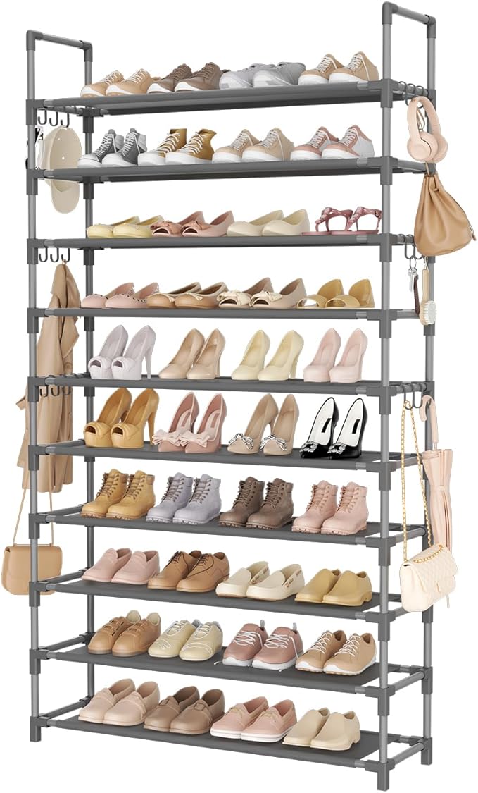 LANTEFUL Tall Shoe Rack 10 Tier Shoe Organizer Large Shoe Shelf with 18 Hooks Storage for 50 Pair Sneaker and Boot, Stackable Vertical Shoe Rack Organizer for Closet, Entryway, Bedroom, Grey