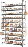 LANTEFUL Tall Shoe Rack 10 Tier Shoe Organizer Large Shoe Shelf with 18 Hooks Storage for 50 Pair Sneaker and Boot, Stackable Vertical Shoe Rack Organizer for Closet, Entryway, Bedroom, Grey