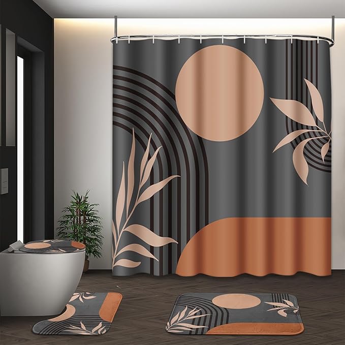 Boho Mid Century Shower Curtain Set with Toilet Lid Cover and Non-Slip Rugs, Abstract Grey Background 4 Pcs Modern Minimalist Vintage Gray Shower Curtain for Bathroom Set with 12 Hooks