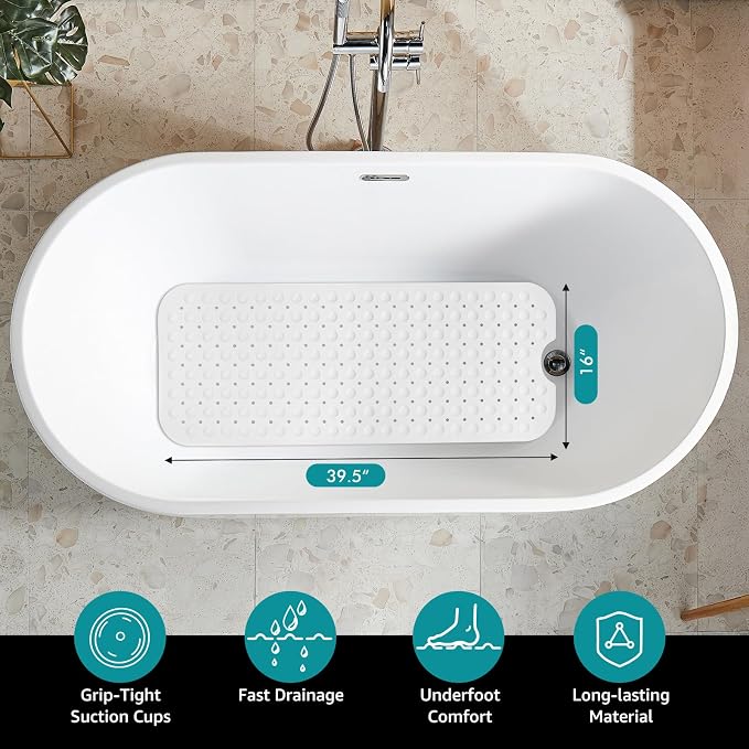 WarmSnow Long Bathtub Mat Non Slip 39.5 x 16 Inch, Inside Shower Mats with Suction Cups & Drain Holes, Soft TPE Bath Mat for Tub, Quick-Drain Bathroom Floor Mats, White