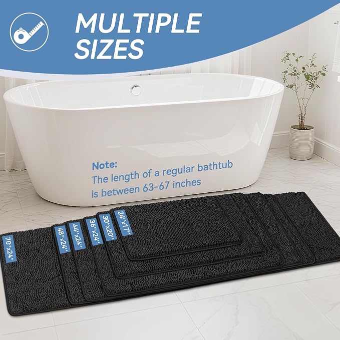 Bcoimo 44x24 Chenille Bath Mat – Non-Slip with Backing Bath Rug Ultra-Absorbent and Machine Washable Bathroom Mat Quick-Dry Design. Ideal for Bathroom Shower and Tub Areas