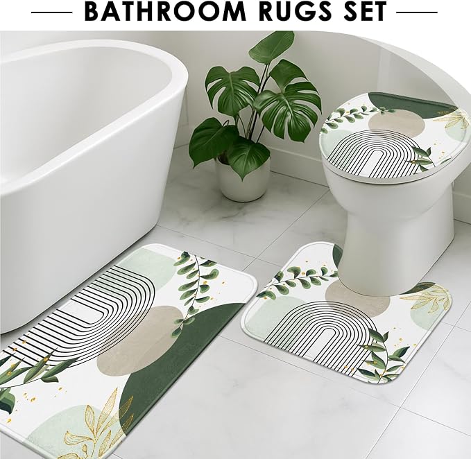 Boho Sage Green Mid Century Shower Curtain Set with Toilet Lid Cover and Non-Slip Rugs, Abstract Bohemian Gold Leaves Plant 4 Pcs Modern Minimalist Shower Curtain for Bathroom Set with 12 Hooks