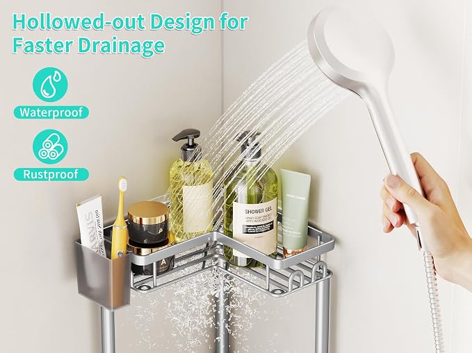 HapiRm Standing Shower Caddy Corner - 3 Tier Corner Shower Organizer with Toothbrush Holder and 12 Hooks, Large Capacity Rustproof Bathroom Shelves for Tall Bottles, Silver