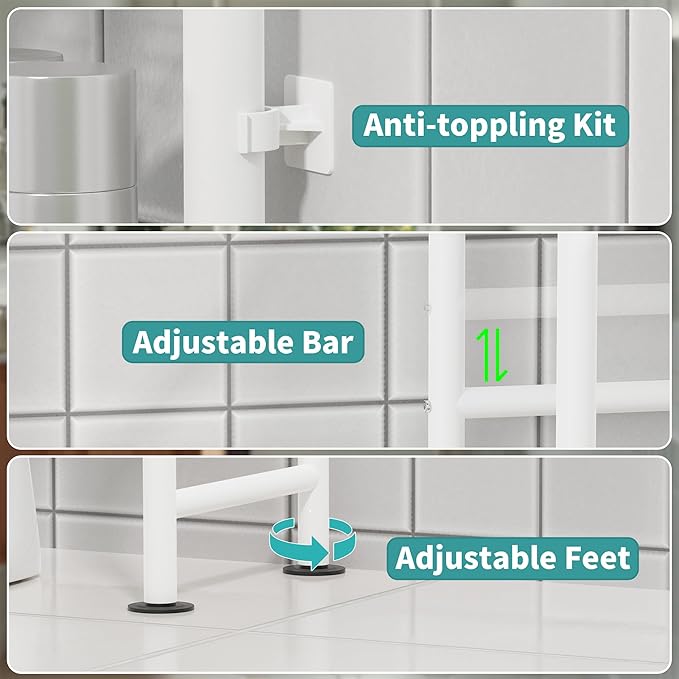 3-Tier Over The Toilet Storage Organizer, Space-Saving Bathroom Rack with Paper Holder & 4 Hooks, 64" Tall Freestanding Carbon Steel Shelf for Small Apartment Laundry Room (White)