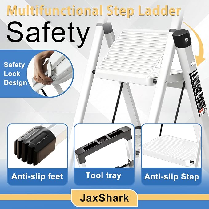 4 Step Ladder with Handrail Folding Step Stool with Tool Tray 500LBS Capacity Sturdy Carbon Steel Frame Anti-Slip Stripe Pedal for Home Kitchen Garage (white-4step)