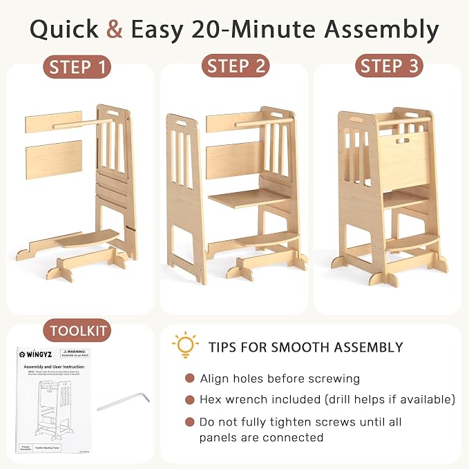 WINGYZ Toddler Tower - Anti-Tip Natural Wood Learning Stool Helper for Kids 18M-6Y, 150lb Capacity Kitchen Stool with 3-Height Adjustable Platform and Sliding Door Access, 20lb Portable Design, Wood