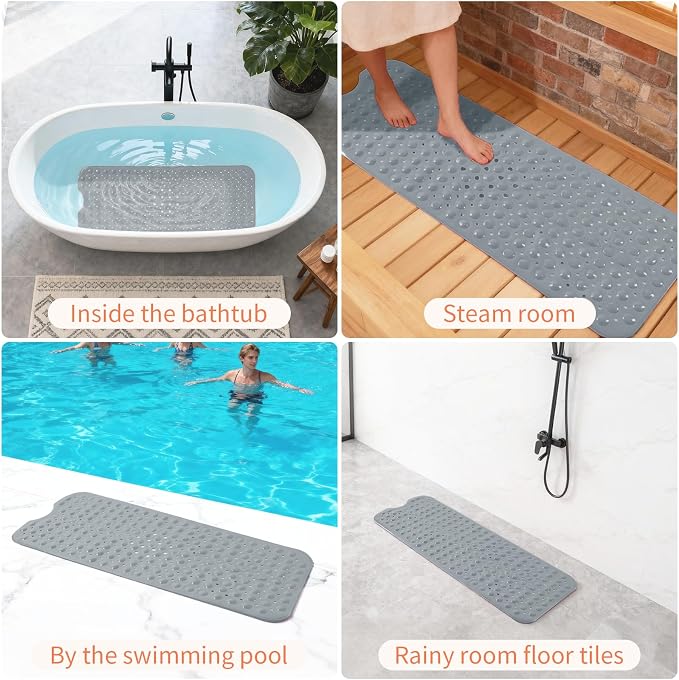 Anti-Slip Bathtub Shower mat, 40×16 inch（ 100 × 40cm） Soft Oversized Machine Washable Non-Slip Bathtub mat with Drainage Holes, Bathroom Floor Suction Cup.（1-Opaque Gray）