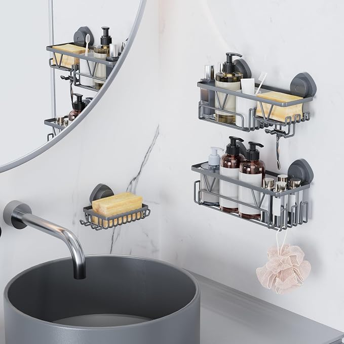 KEGII Suction Cup Shower Caddy – 3 Pack Suction Cup Shelf with Soap Holder & Hooks, Rustproof Stainless Steel Shower Organizer, Removable No Drilling Bathroom Storage Rack, Dark Gray