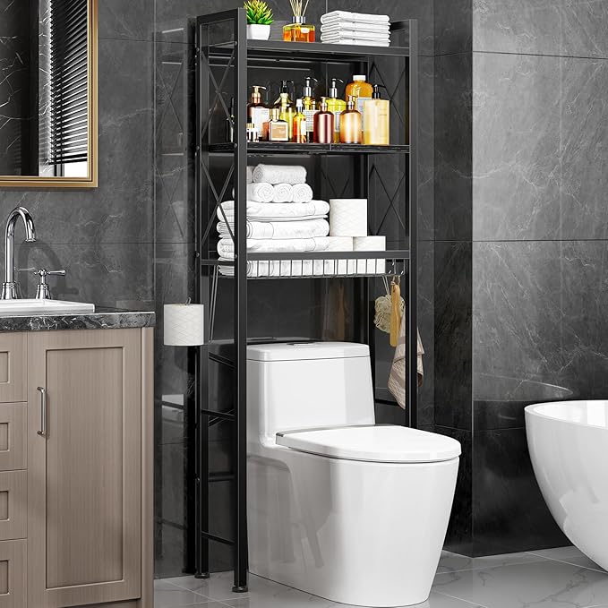 Kalrin Over The Toilet Storage with X Shape Side Guardrail, 3-Tier Over Toilet Storage Rack with Drain Basket, Freestanding Bathroom Organizer for Balcony Laundry, Pure Black