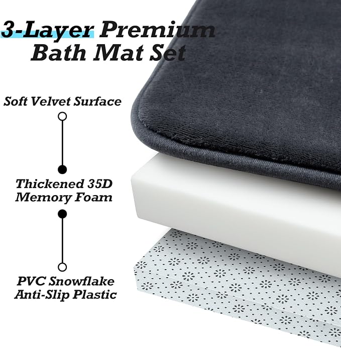 HUXMEYSON Bathroom Rugs Sets 2 Piece, Non-Slip & Quick Dry Bath Mat Set, Ultra Soft Velvet Bath Rugs for Bathroom, Toilet and Shower Floor, Dark Grey
