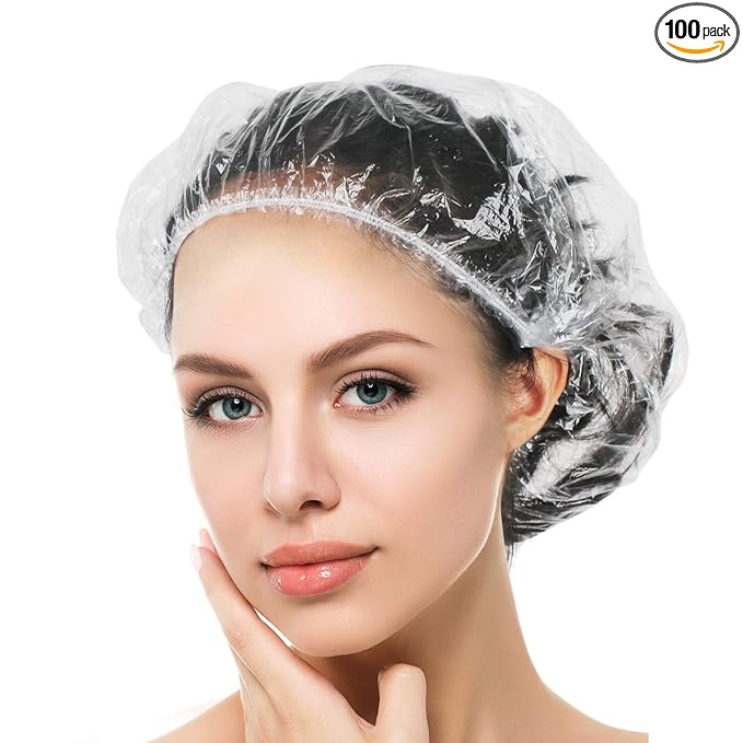 Auban Disposable Shower Cap, 100 PCS Hair Cap Thickening Clear Plastic Waterproof Bath Caps for Hair Treatment, Spa Salon Hotel and Home Use, Portable Travel(17.3)