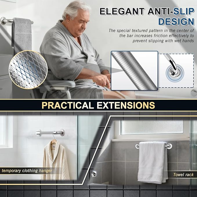 supregear Bathroom Grab Bar Rail, 304 Stainless Steel Non-Slip Bathroom Handle, Safety Handle, Indoor/Outdoor Auxiliary Handle for Kitchen Bedroom Bathtub, Shower and Steps, 10 inch