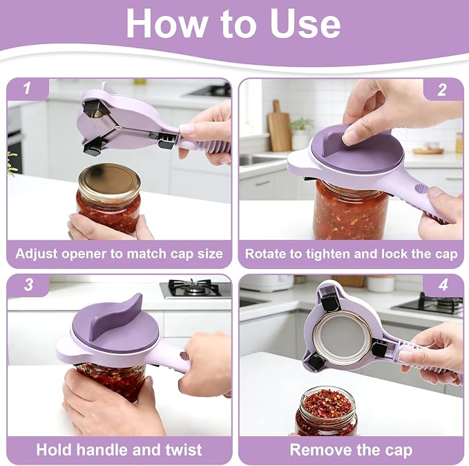 Multi-Functional 4-in-1 Jar Opener, Adjustable Stainless Steel Bottle Opener for Multi Size Jar Bottles with Ergonomic Non-Slip Handle Grip, Kitchen Helper for Seniors Weak Hands Arthritis