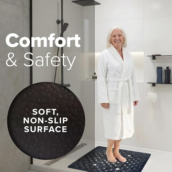 SlipX Solutions 27" Oversize Square Shower Mat, Non-Slip Mat for Elderly & Kids, 100+ Power Grip Suction Cups for Smooth Surfaces, Machine Washable, Black