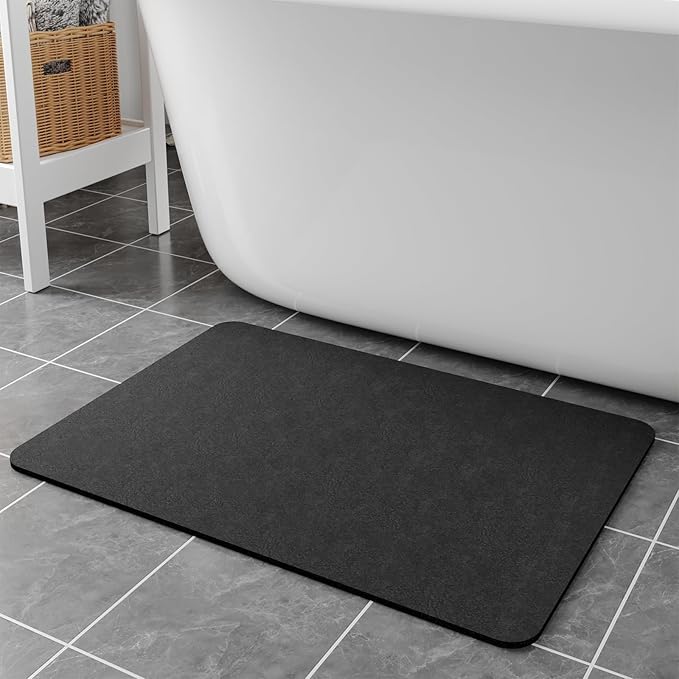 Bath Mat Rugs 32x17 - Diatomaceous Earth Bath Mats Quick Dry Absorbing Bathroom Rugs Rubber Non Slip Thin Bathroom Mat Fit Under Door, Dark Grey
