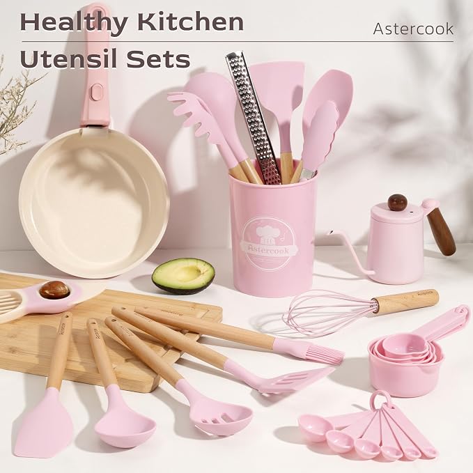 Astercook Kitchen Utensils set, 39 PCS Silicone Cooking Utensils Set with Wooden Handle, 446°F Heat Resistant Food Grade Utensil Sets, BPA Free Kitchen Gadgets Tools Set for Nonstick Cookware (Pink)
