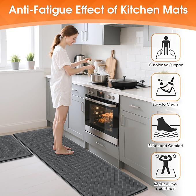 TranquilRelax Kitchen Mats, 2PCS Kitchen Rugs, Cushioned Anti Fatigue Kitchen Mats for Floor, Non-Slip Standing Desk Mat, Waterproof Kitchen Rug Set for Kitchen Floor Office,17.3"×30"+17.3"×59" Grey