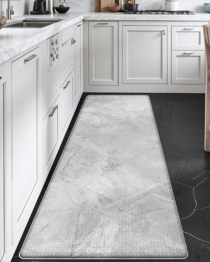 DEXI Kitchen Floor Mats Cushioned Anti Fatigue, 23x86 Large Long Standing Comfort Runner Rug Waterproof, Marble Memory Foam Padded for Front Sink Laundry, Light Grey