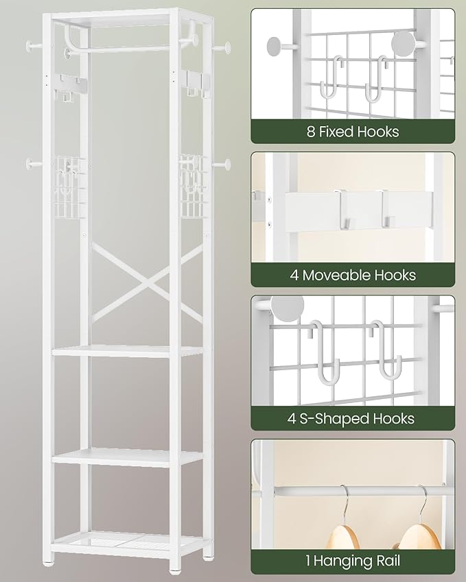 CHOEZON Coat Rack with Shelves, Freestanding Hall Tree, Coat Tree with 16 Hooks and Hanging Rail, Industrial Clothes Stand for Entryway, Hallway, Bedroom, White TYM18WB