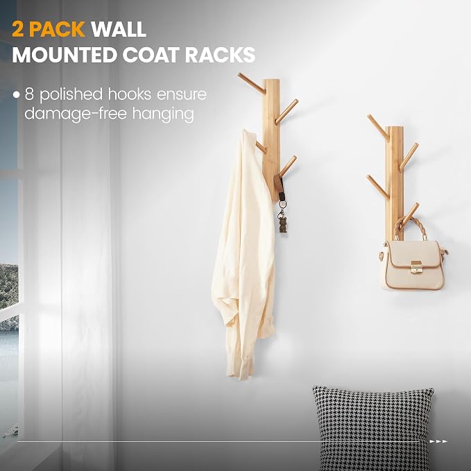 TIOPGHAD 2 Pack Small Vertical Coat Rack Wall Mount, Bamboo Coats Hooks Clothes Holder Hanger for Wall Coat Hat Jacket Clothing Bathroom Robes Entryway(Natural)