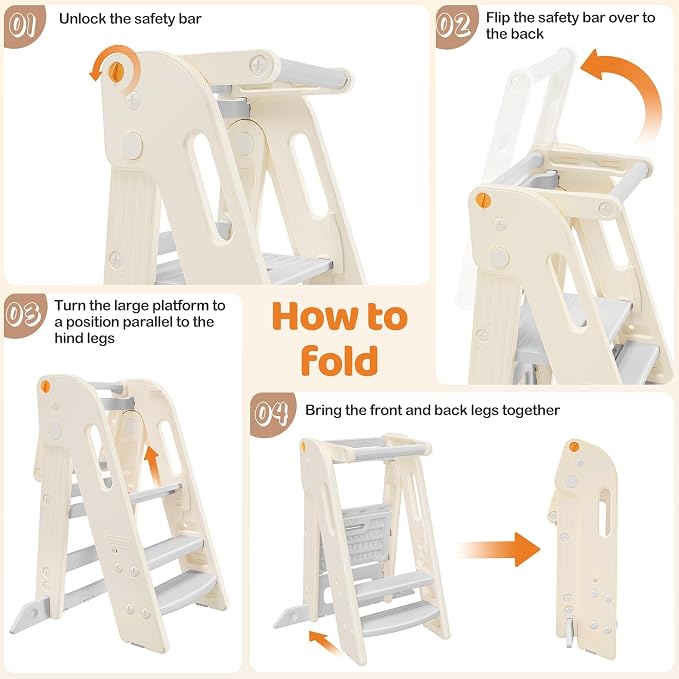 Onasti Foldable Toddler Tower Kitchen Stool Helper, Adjustable Height Learning Standing Tower with Safety Rail, Anti-Slip Steps, Kids Step Stool for Kitchen Counter and Bathroom Sink-Grey