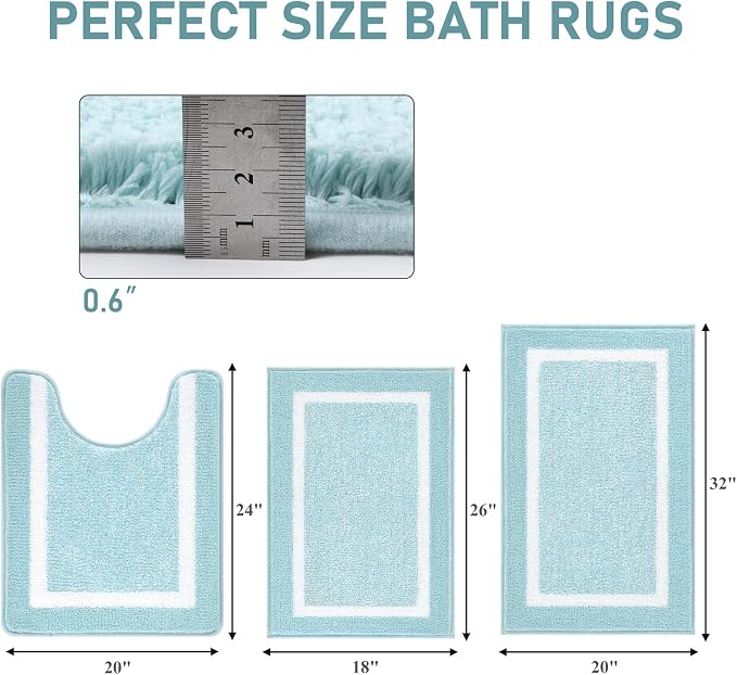 Pauwer Bathroom Rug Set 3 Piece: Plush Microfiber Shaggy Bath Mats, Non Slip, Machine Washable, Light Blue, 18x26+20x32+U Shape 20x24