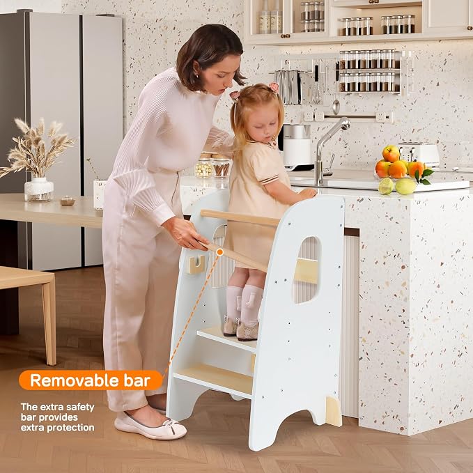 Ezebaby Toddler Standing Tower, 3-Adjustable Height Toddler Kitchen Step Stool, Kids Helper Stool for Learning New Skills-White
