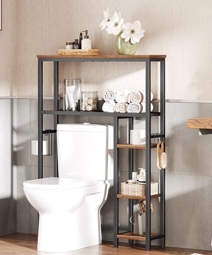 HOOBRO Over The Toilet Storage Cabinet, Freestanding Bathroom Organizer with Toilet Paper Holder, Hooks, 5-Tier Bathroom Storage Shelves for Laundry Room, Space Saver, Rustic Brown and Black BF84TS01