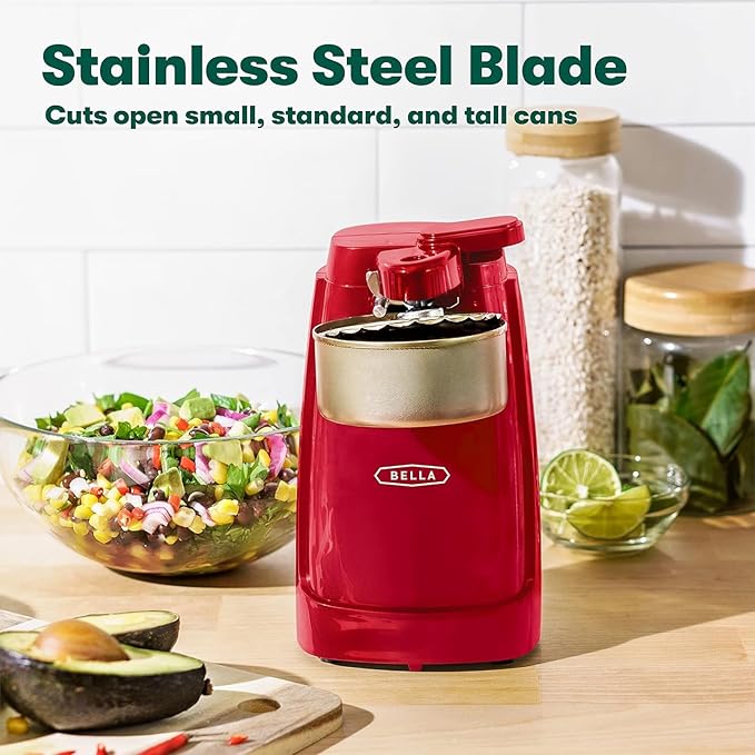 bella Electric Can Opener and Knife Sharpener, Removable Cutting Lever, Cord Storage, Stainless Steel Blade, Red