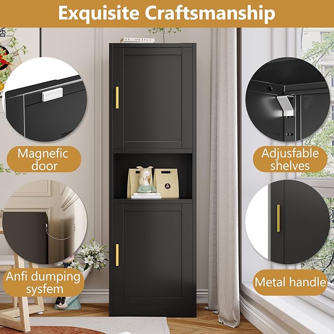 67" H Metal Tall Narrow Storage Cabinet, Freestanding Floor Cabinet with 2 Doors and Adjustable Shelves, Pantry Storage Cabinets for Bathroom, Living Room, Entryway and Kitchen (Black)