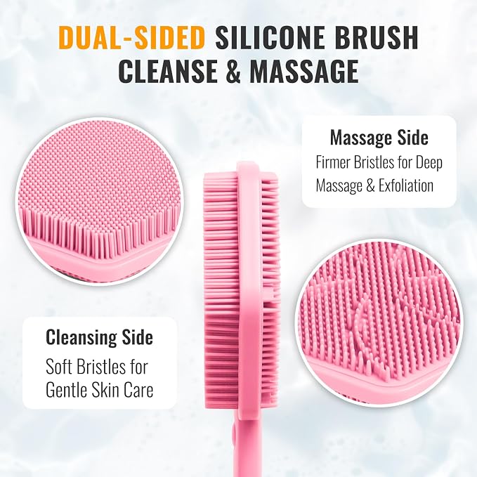 AIMAIAIMAI Silicone Back Scrubber for Shower – 21in Extendable Shower Brush with Long Handle – Dual-Sided Back Brush with Non-Slip Grip, Gentle Cleansing & Exfoliation for Men, Women, Elderly (Pink)