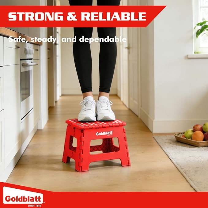Goldblatt 8.5" Folding Step Stool for Adults and Kids, Lightweight Heavy-Duty Plastic Portable Foldable Stool with Non-Slip Top and Anti-Skid Feet, 300 lbs Capacity, Kitchen & Bathroom, Red