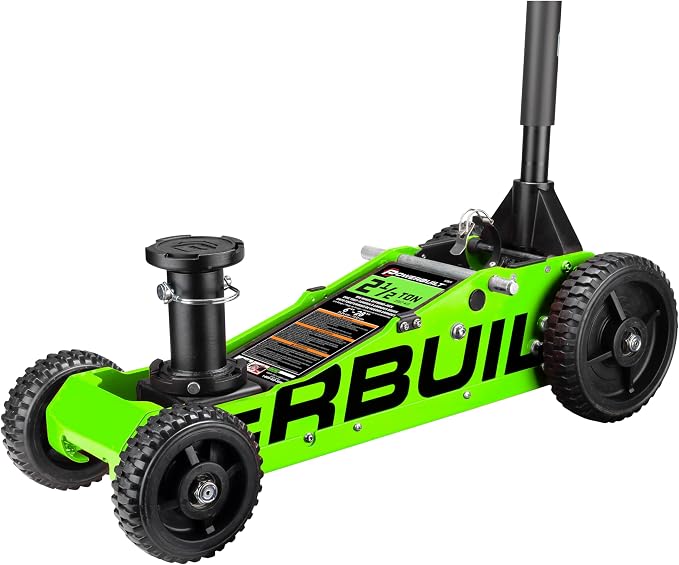 Powerbuilt 2.5 Ton Big Wheel Off Road Jack, Vehicle Lift for Trucks, SUVs, ATVs Offroad Vehicles, Oversized Wheels for Rugged Terrain, 5000 LB Capacity, Green 620624ECE