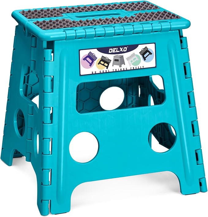 Delxo Folding Step Stool, 13 inch Non-Slip Foldable Stools Up to 300 LBS, Step Stool with Handle, Lightweight for Kitchen, Bathroom, Bedroom, Garden Stepping Stool with Dotted Blue 1 PC