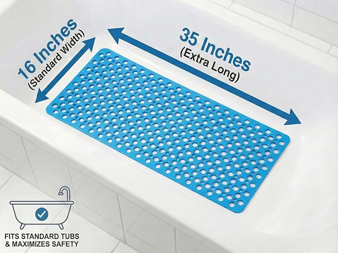 Nonslip Bath Tub Shower Mat with Suction Cups, Extra Soft TPE Bath Mat for Kids, Bathtub Bathroom Mats, Machine Washable, Smooth/Non-Textured Tubs Only, 35L x 16W Inch(Lake Blue)