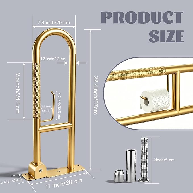 22.5 Inch Toilet Grab Bar, HUAS Gold Anti Slip Bathroom Toilet Safety Rails, U Shaped Flip-Up Handicap Grab Bars w/Paper Holder, Stainless Steel Support Handrail for Elderly Disabled Senior