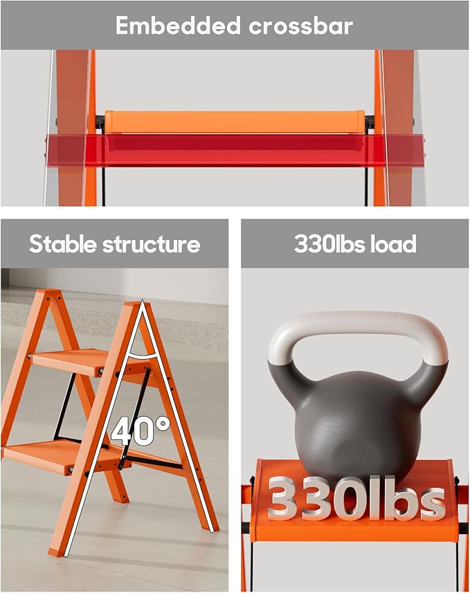 HillhutApex 2 Step Ladder, Lightweight Portable 2 Step Stool with Anti-Slip Wide Pedal, 330lbs Capacity Aluminum Ladder for Household,Office,Library(Orange)