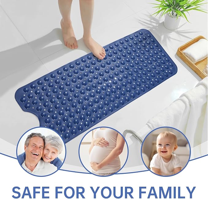 Wirhao Bathtub Mat Non Slip Shower Mat 39×16 Inches Bath Mat for Tub Machine Washable Tub Mat Large for Bathroom with Suction Cups and Drain Holes Blue